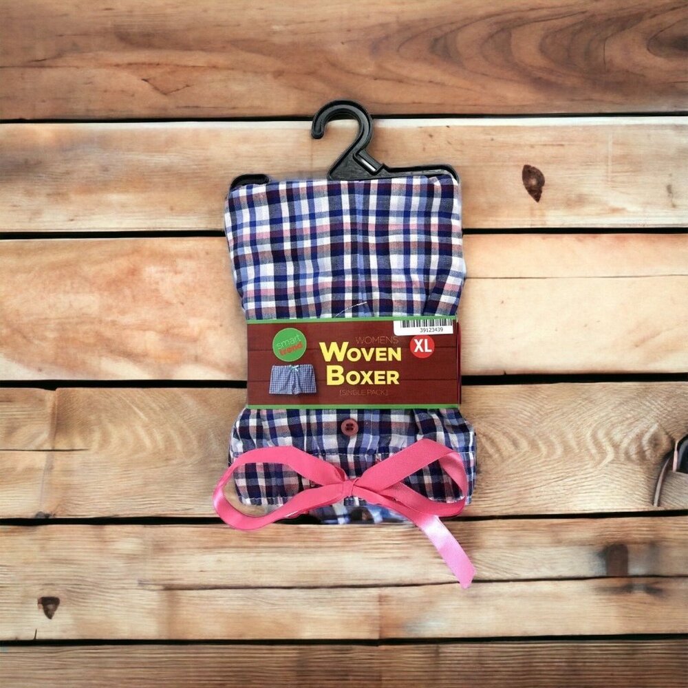 Womens Woven Boxers Blue Pink Plaid Size XL Drawstring Soft Sleep or Lounge NEW
